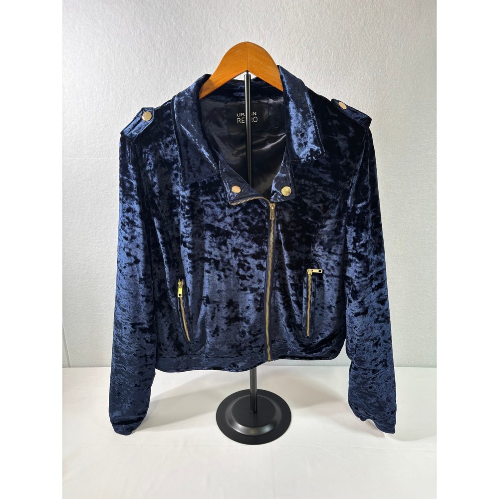 Urban Retro Navy Blue Crushed Velvet Moto Jacket Gold Zip Biker XL Womens